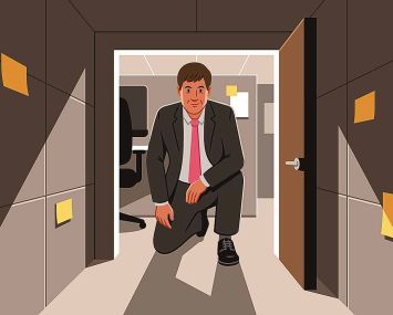 Illustration of a man in a suit kneeling to enter a very small office.
