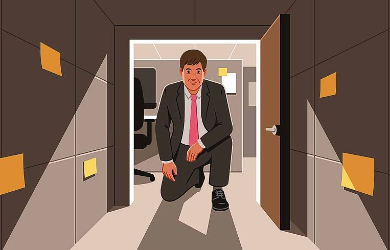 Illustration of a man in a suit kneeling to enter a very small office.