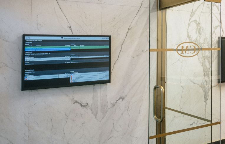 The firm installed a continuously updating transit board that keeps tenants informed about the area’s bus, subway and Long Island Rail Road schedules.