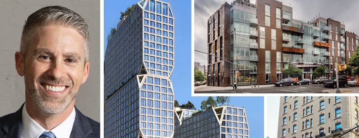 TerraCRG CEO Dan Marks, 175 Third Street (second from left), 395 Leonard Street (top right), and the Bossert Hotel (bottom right) in Brooklyn.
