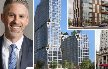 TerraCRG CEO Dan Marks, 175 Third Street (second from left), 395 Leonard Street (top right), and the Bossert Hotel (bottom right) in Brooklyn.