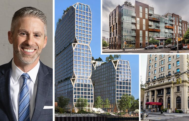 TerraCRG CEO Dan Marks, 175 Third Street (second from left), 395 Leonard Street (top right), and the Bossert Hotel (bottom right) in Brooklyn.