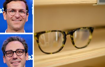 Warby Parker co-CEOs Dave Gilboa and Neil Blumenthal, and a Warby Parker store display.
