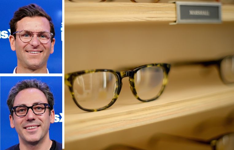 Warby Parker co-CEOs Dave Gilboa and Neil Blumenthal, and a Warby Parker store display.