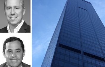 Newmark's David Falk (top) and Jonathan Franzel, and 140 Broadway.