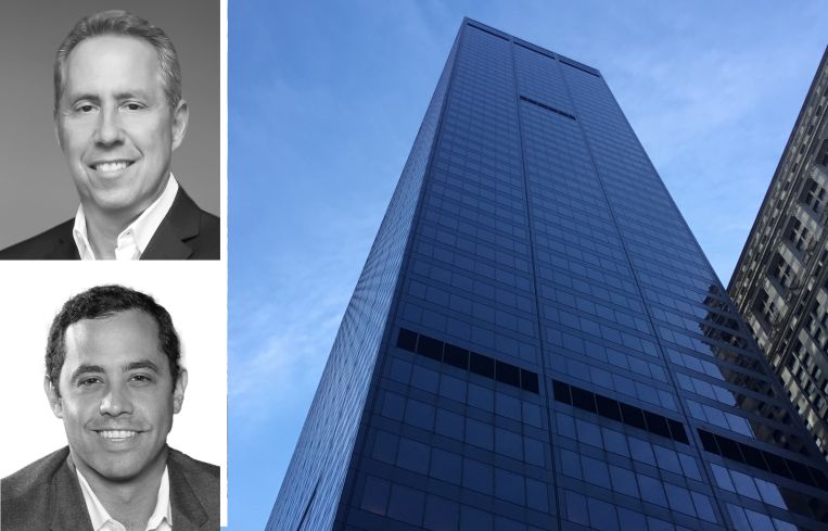 Newmark's David Falk (top) and Jonathan Franzel, and 140 Broadway.
