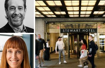 Slate Property Group's David Schwartz (top), Breaking Grounds's Brenda Rosen (bottom), and the Stewart Hotel.