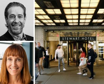 Slate Property Group's David Schwartz (top), Breaking Grounds's Brenda Rosen (bottom), and the Stewart Hotel.