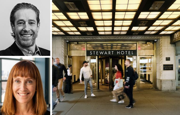 Slate Property Group's David Schwartz (top), Breaking Grounds's Brenda Rosen (bottom), and the Stewart Hotel.
