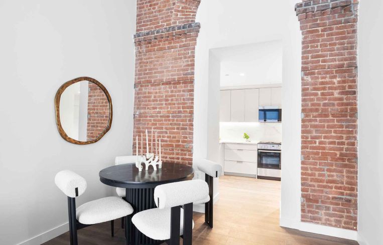 Some apartments have exposed brick that is also part of the building’s original exterior.
