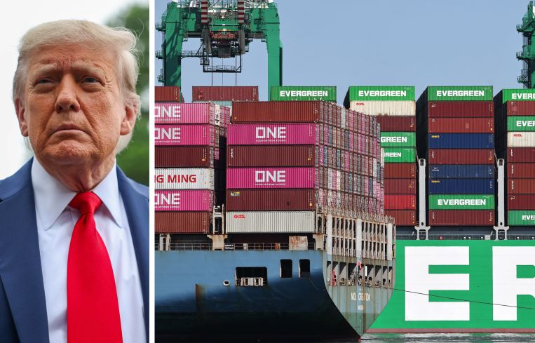 President Donald Trump and shipping containers stacked at the Port of Los Angeles.
