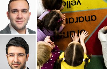Eddie Mamiye (top) and Meyer Dagmy (bottom) of MOD Commercial Realty, and children listening in a preschool.