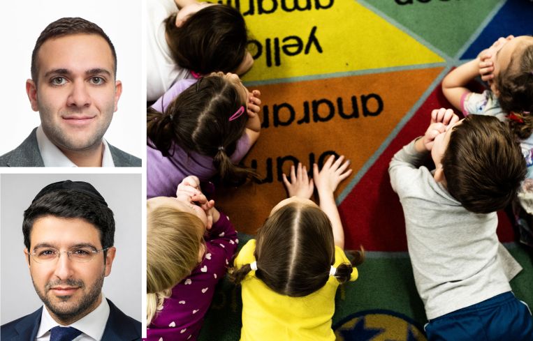 Eddie Mamiye (top) and Meyer Dagmy (bottom) of MOD Commercial Realty, and children listening in a preschool.
