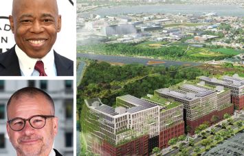 Mayor Eric Adams (top), NYCEDC President and CEO Andrew Kimball, and a rendering of a proposed housing development at the former Flushing Airport in College Point, Queens.