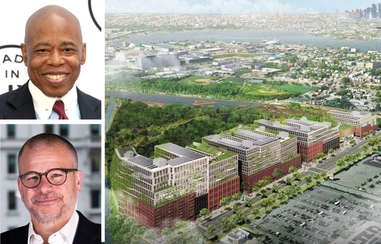 Mayor Eric Adams (top), NYCEDC President and CEO Andrew Kimball, and a rendering of a proposed housing development at the former Flushing Airport in College Point, Queens.