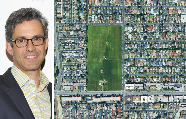 Eric Fleiss of Regent Properties and a satellite view of 12755 Burbank Boulevard in the San Fernando Valley, Calif.
