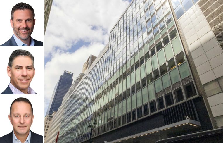 Newmark's Erik Harris (top), Neil Rubin (center) and Scott Klau (bottom), and 111 West 33rd Street.