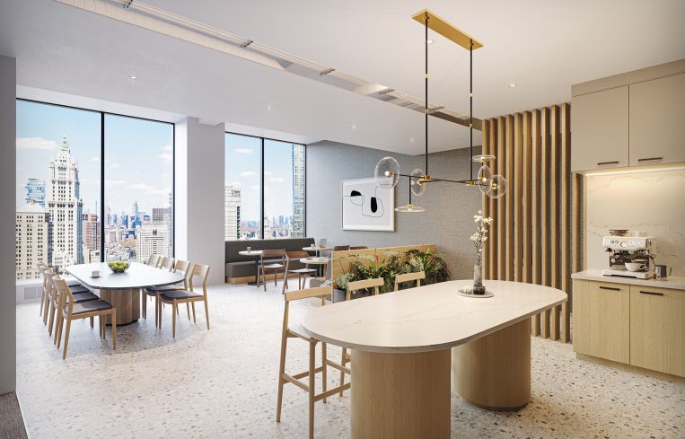 The office spaces feature open, column-free floor plans, with large windows to allow for ample natural light.