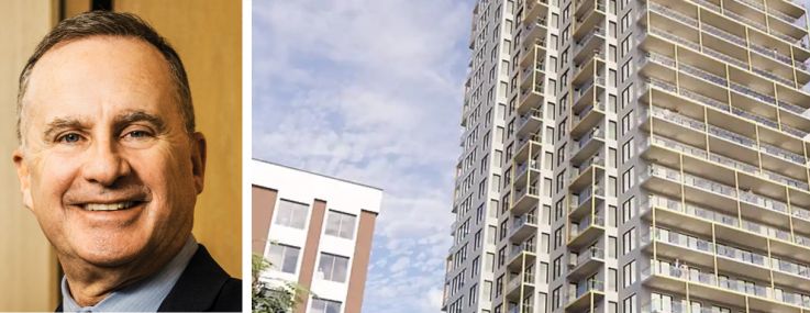 Hal Fetner of Fetner Properties, P. David Bramble of MCB Real Estate, and a rendering of 240 Willoughby Street, Brooklyn.