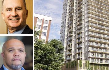 Hal Fetner of Fetner Properties, P. David Bramble of MCB Real Estate, and a rendering of 240 Willoughby Street, Brooklyn.