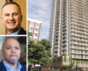 Hal Fetner of Fetner Properties, P. David Bramble of MCB Real Estate, and a rendering of 240 Willoughby Street, Brooklyn.