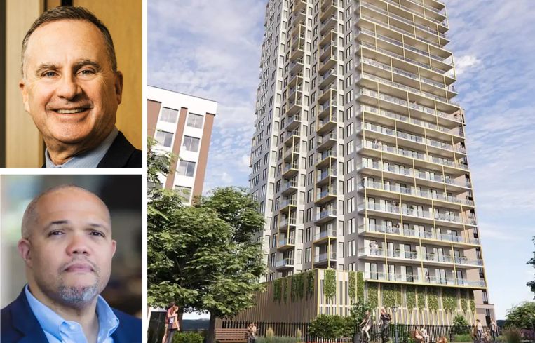 Hal Fetner of Fetner Properties, P. David Bramble of MCB Real Estate, and a rendering of 240 Willoughby Street, Brooklyn.