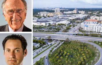 Harry Macklowe, Jon Paul Pérez of Related Group, and an aerial view of the Dadeland Mall and Town Center One.