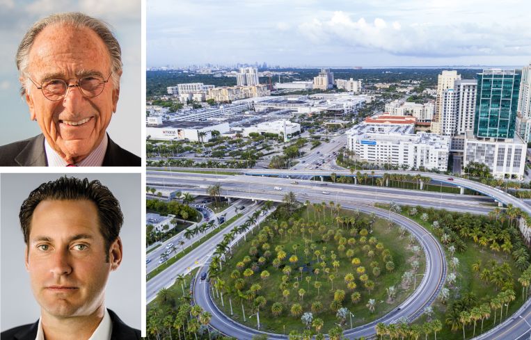 Harry Macklowe, Jon Paul Pérez of Related Group, and an aerial view of the Dadeland Mall and Town Center One.