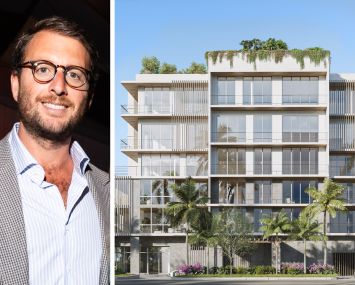 James Curnin, founder and CEO of Clara Homes, and a rendering of Clara Bay Harbor in Bay Harbor Islands, Fla.