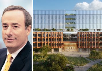 Alexandria Real Estate Executive Chairman and founder Joel Marcus, and a rendering of a planned build-to-suit research hub at Alexandria's Campus Point complex in San Diego.