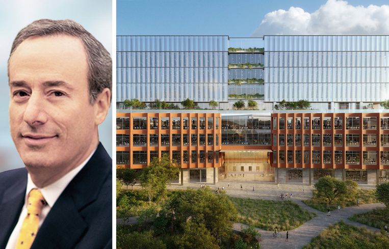 Alexandria Real Estate Executive Chairman and founder Joel Marcus, and a rendering of a planned build-to-suit research hub at Alexandria's Campus Point complex in San Diego.