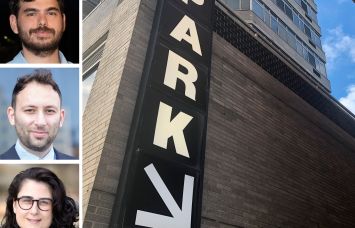 Red Apple President and COO John Catsimatidis Jr. (top); RIPCO Real Estate's Max Greengrass (center) and Michelle Abramov (bottom), and a parking garage entrance sign.