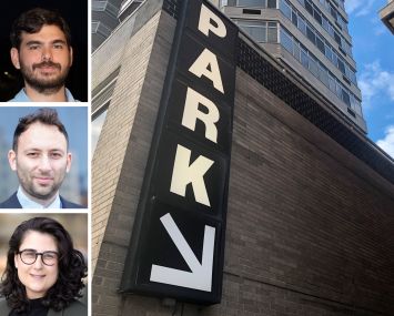 Red Apple President and COO John Catsimatidis Jr. (top); RIPCO Real Estate's Max Greengrass (center) and Michelle Abramov (bottom), and a parking garage entrance sign.