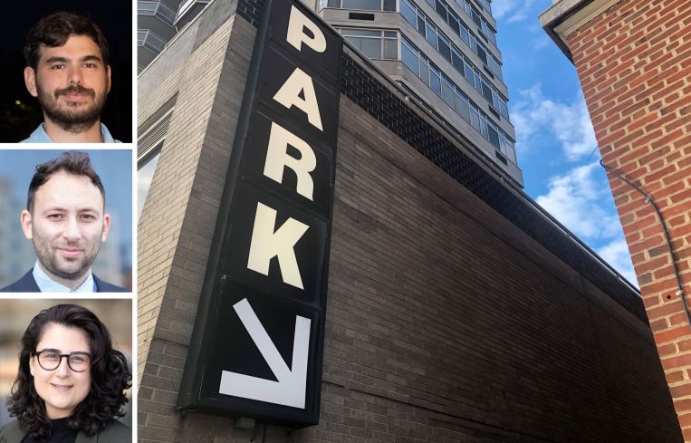 Red Apple President and COO John Catsimatidis Jr. (top); RIPCO Real Estate's Max Greengrass (center) and Michelle Abramov (bottom), and a parking garage entrance sign.
