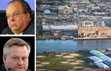John Koelmel, chair New York Power Authority, Murray Auchincloss, CEO of BP, and an aerial view of Astoria, Queens.
