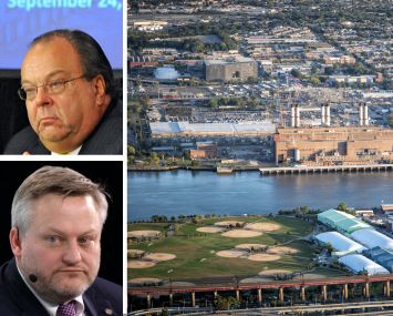 John Koelmel, chair New York Power Authority, Murray Auchincloss, CEO of BP, and an aerial view of Astoria, Queens.