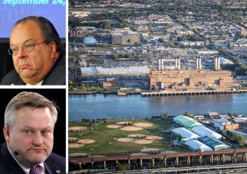John Koelmel, chair New York Power Authority, Murray Auchincloss, CEO of BP, and an aerial view of Astoria, Queens.