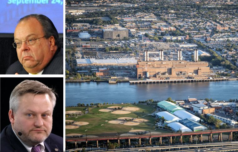 John Koelmel, chair New York Power Authority, Murray Auchincloss, CEO of BP, and an aerial view of Astoria, Queens.