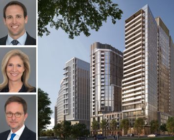 Penzance's John Kusturiss (top), Julia Springer (center) and Victor Tolkan (bottom), and a rendering of One Rosslyn in Arlington, Va.