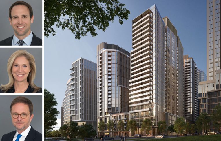 Penzance's John Kusturiss (top), Julia Springer (center) and Victor Tolkan (bottom), and a rendering of One Rosslyn in Arlington, Va.