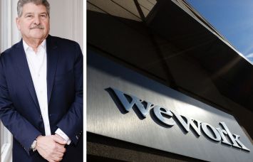 WeWork CEO John Santora and a sign outside a WeWork location.