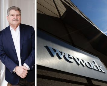 WeWork CEO John Santora and a sign outside a WeWork location.