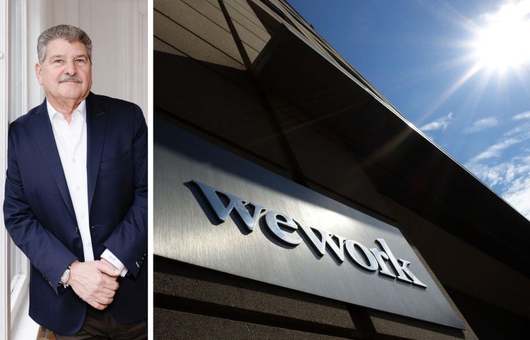 WeWork CEO John Santora and a sign outside a WeWork location.
