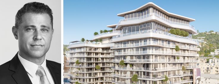 Newmark's Jonathan Firestone and a rendering of 8850 Sunset in Los Angeles.