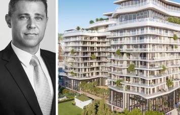 Newmark's Jonathan Firestone and a rendering of 8850 Sunset in Los Angeles.