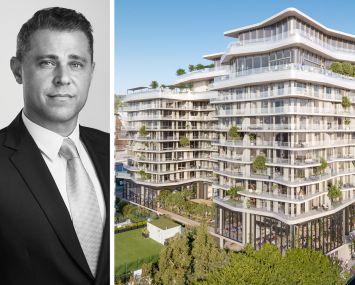 Newmark's Jonathan Firestone and a rendering of 8850 Sunset in Los Angeles.
