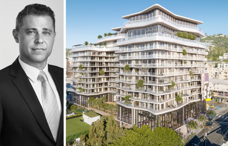 Newmark's Jonathan Firestone and a rendering of 8850 Sunset in Los Angeles.