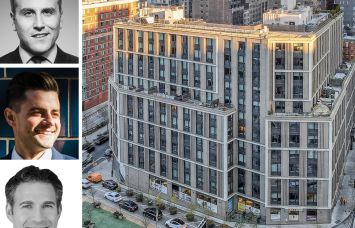 Newmark's Jordan Roeschlaub (from top), Nick Scribani, and Adam Doneger, and The Lewis at 411 West 35th Street.