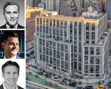 (from top) Newmark's Jordan Roeschlaub, Nick Scribani, and Adam Doneger, and The Lewis at 411 West 35th Street.