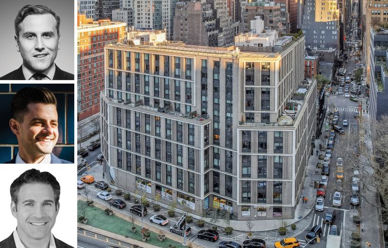 (from top) Newmark's Jordan Roeschlaub, Nick Scribani, and Adam Doneger, and The Lewis at 411 West 35th Street.